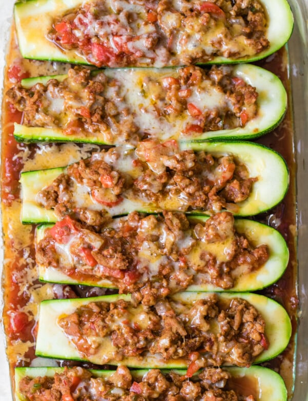 zucchini taco boats in a glass Pyrex dish