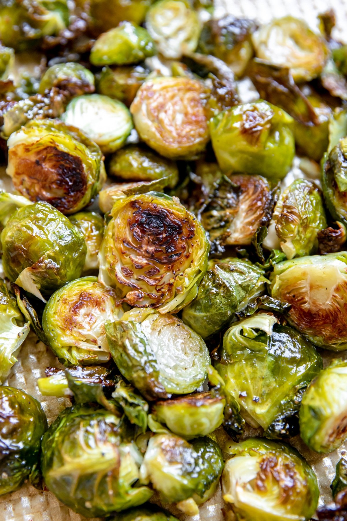 roasted brussels sprouts on a baking sheet