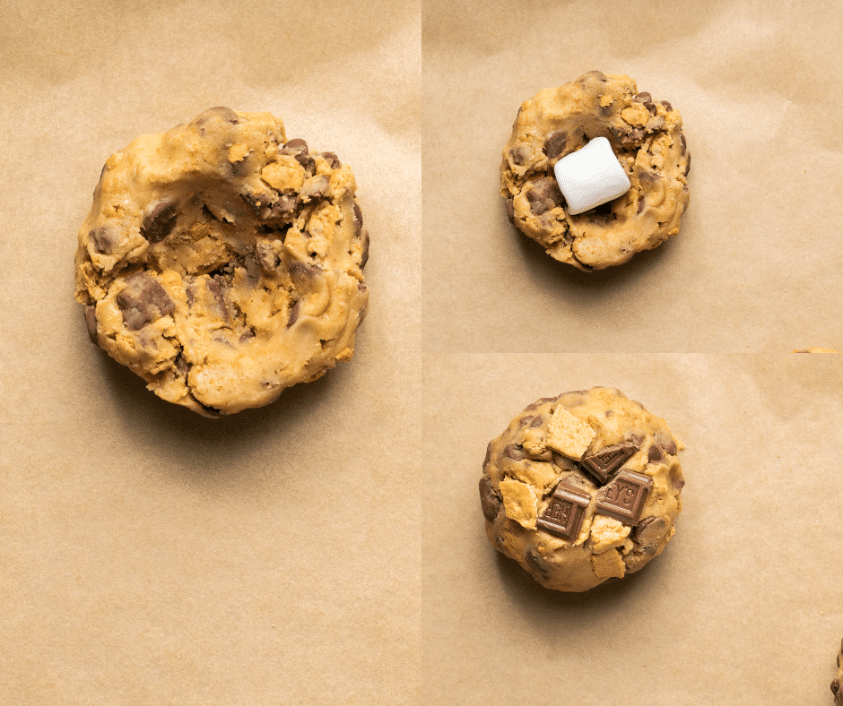 smores cookie dough with a marchmallow in the middle.